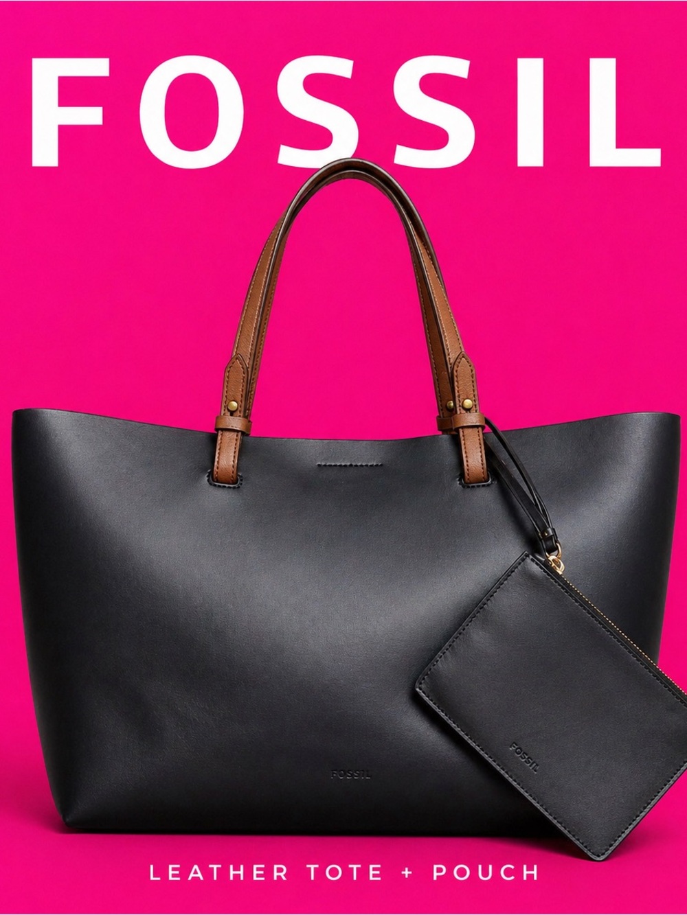 Fossil Rachel Black Leather Tote Bag with Cognac Straps & Pouch Set